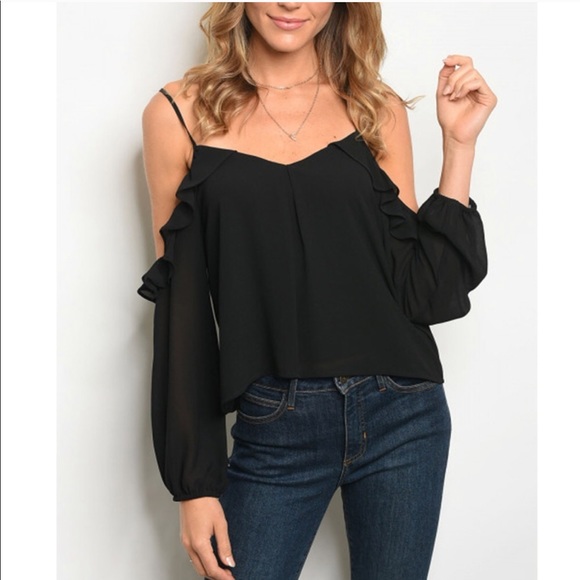 Golden Threads Tops - 5 for $25🍾HP!🍾Black Cold Shoulder Ruffled Blouse
